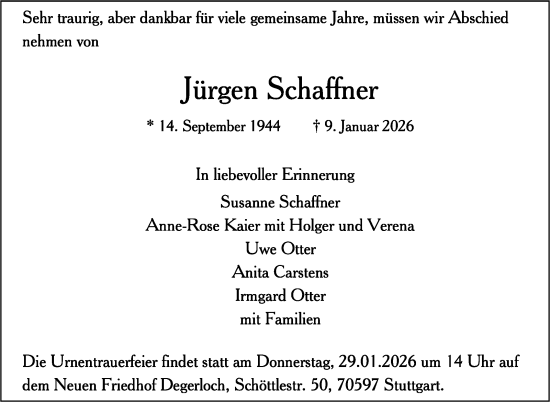 Traueranzeige von Jürgen Schaffner von Stuttgarter Zeitung / Stuttgarter Nachrichten