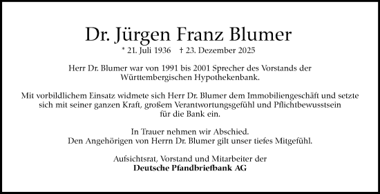 Traueranzeige von Jürgen Franz Blumer von Stuttgarter Zeitung / Stuttgarter Nachrichten
