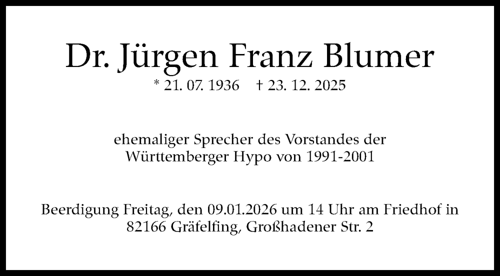  Traueranzeige für Jürgen Franz Blumer vom 03.01.2026 aus Stuttgarter Zeitung / Stuttgarter Nachrichten