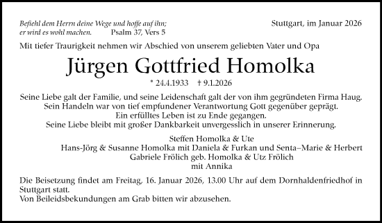 Traueranzeige von Jürgen Gottfried Homolka von Stuttgarter Zeitung / Stuttgarter Nachrichten