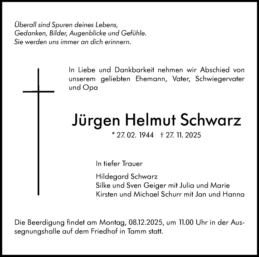  Traueranzeige für Jürgen Helmut Schwarz vom 04.12.2025 aus Marbacher Zeitung