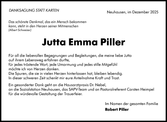 Traueranzeige von Jutta Emma Piller von Eßlinger Zeitung