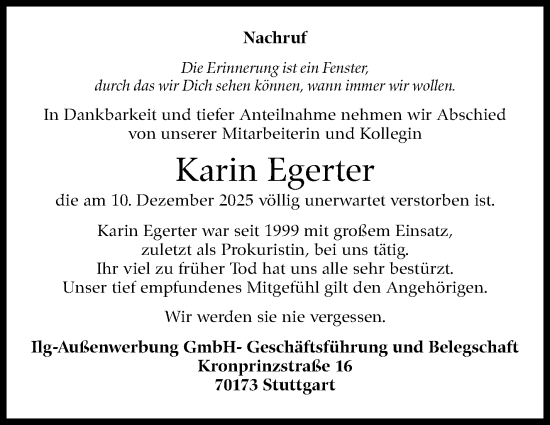Traueranzeige von Karin Egerter von Stuttgarter Zeitung / Stuttgarter Nachrichten