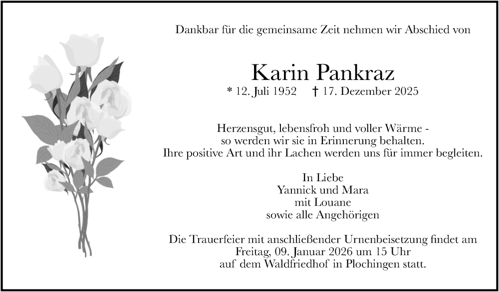  Traueranzeige für Karin Pankraz vom 03.01.2026 aus Eßlinger Zeitung