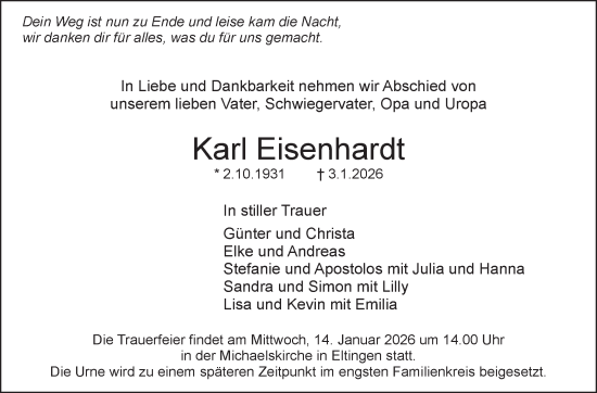 Traueranzeige von Karl Eisenhardt von Leonberger Kreiszeitung / Strohgäu Extra