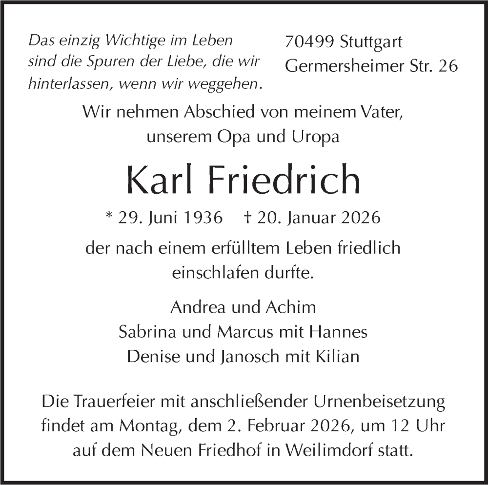  Traueranzeige für Karl Friedrich vom 29.01.2026 aus Stuttgarter Zeitung / Stuttgarter Nachrichten
