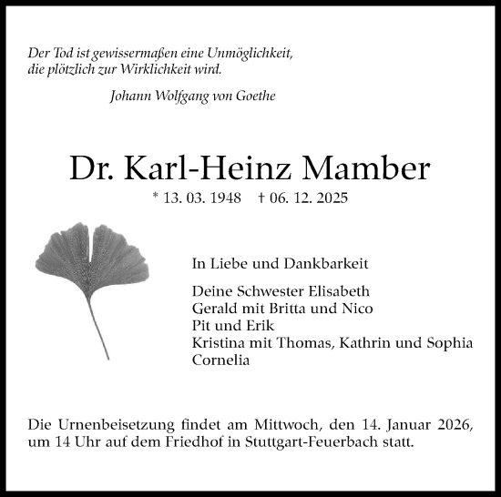 Traueranzeige von Karl-Heinz Mamber von Stuttgarter Zeitung / Stuttgarter Nachrichten