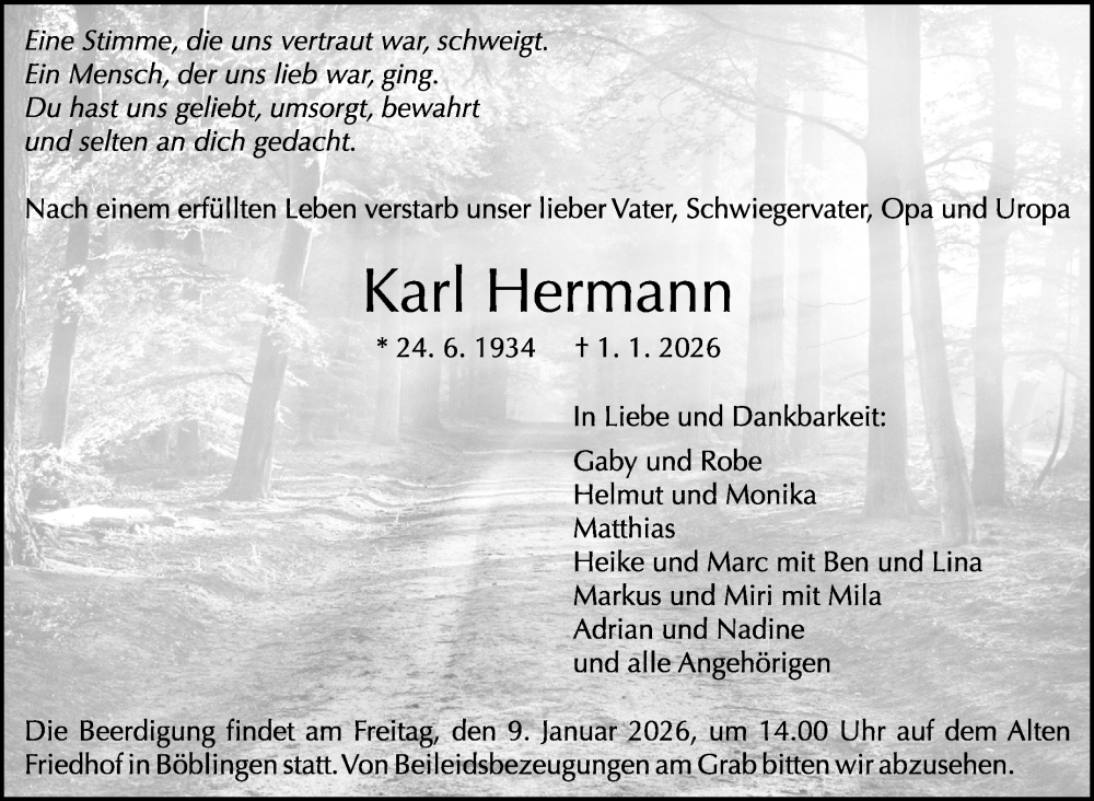  Traueranzeige für Karl Hermann vom 07.01.2026 aus Kreiszeitung Böblinger Bote