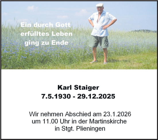Traueranzeige von Karl Staiger von Stuttgarter Zeitung / Stuttgarter Nachrichten