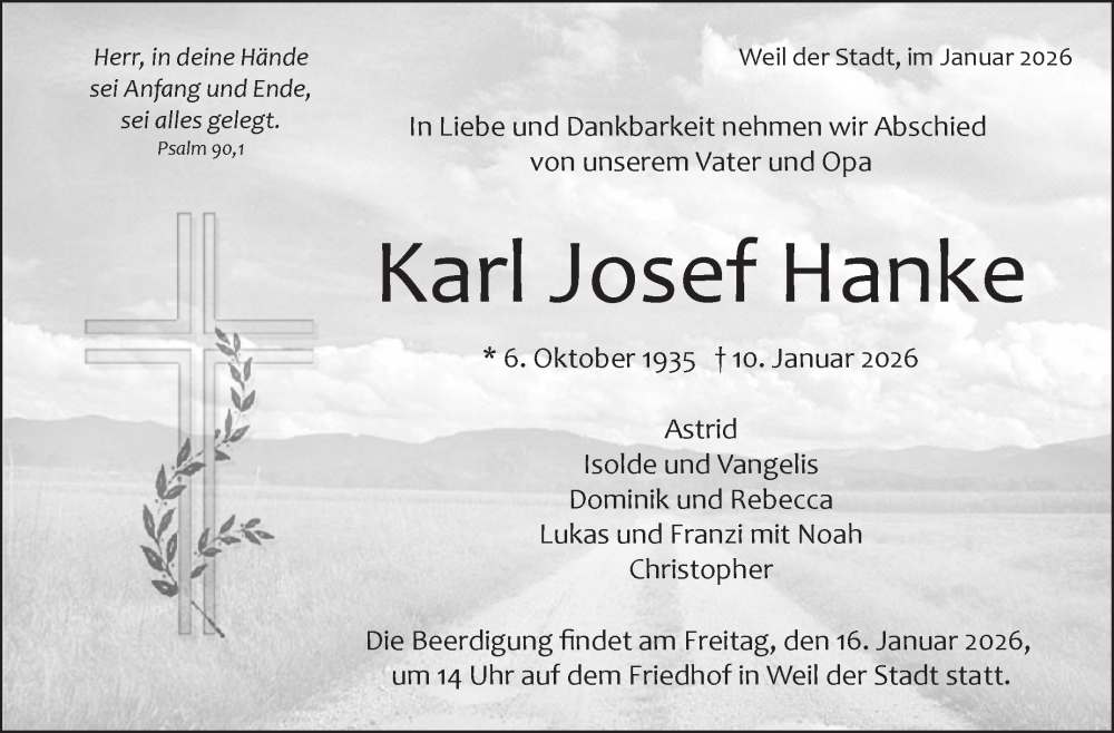  Traueranzeige für Karl Josef Hanke vom 15.01.2026 aus Leonberger Kreiszeitung / Strohgäu Extra