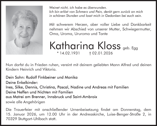 Traueranzeige von Katharina Kloss von Stuttgarter Zeitung / Stuttgarter Nachrichten