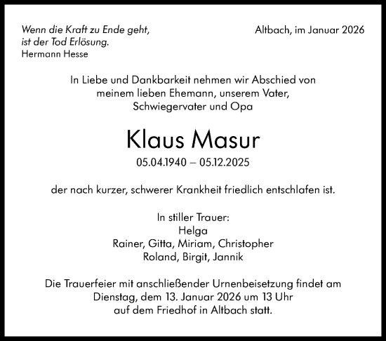 Traueranzeige von Klaus Masur von Eßlinger Zeitung