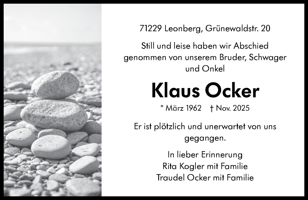  Traueranzeige für Klaus Ocker vom 09.01.2026 aus Leonberger Kreiszeitung / Strohgäu Extra
