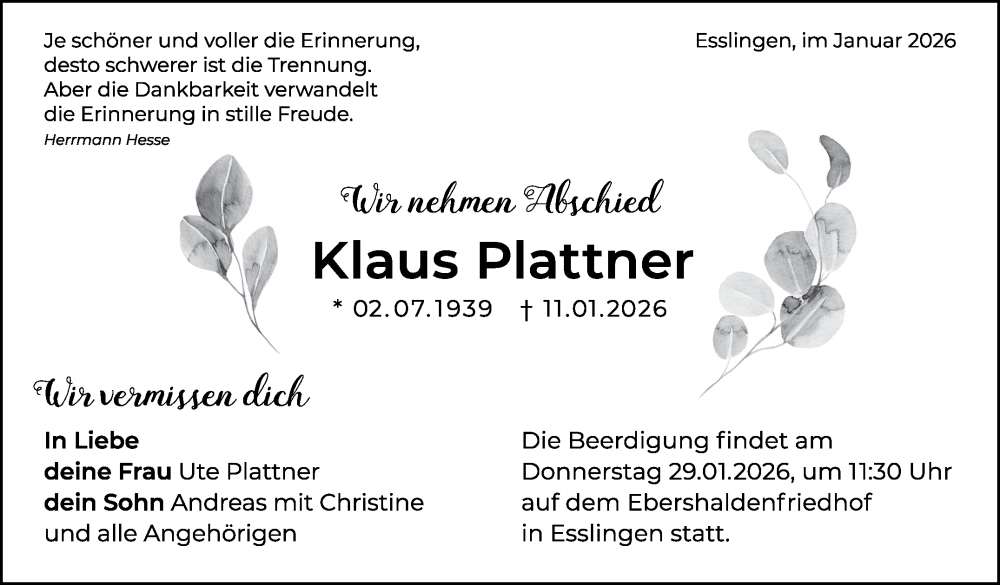  Traueranzeige für Klaus Plattner vom 24.01.2026 aus Eßlinger Zeitung