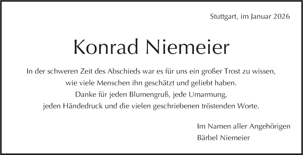  Traueranzeige für Konrad Niemeier vom 24.01.2026 aus Stuttgarter Zeitung / Stuttgarter Nachrichten
