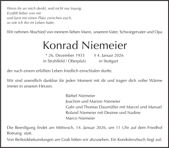 Traueranzeige von Konrad Niemeier von Stuttgarter Zeitung / Stuttgarter Nachrichten
