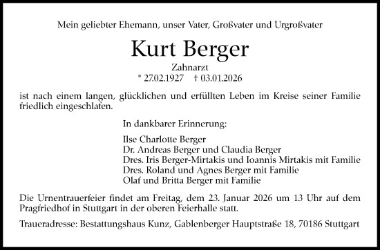 Traueranzeige von Kurt Berger von Stuttgarter Zeitung / Stuttgarter Nachrichten