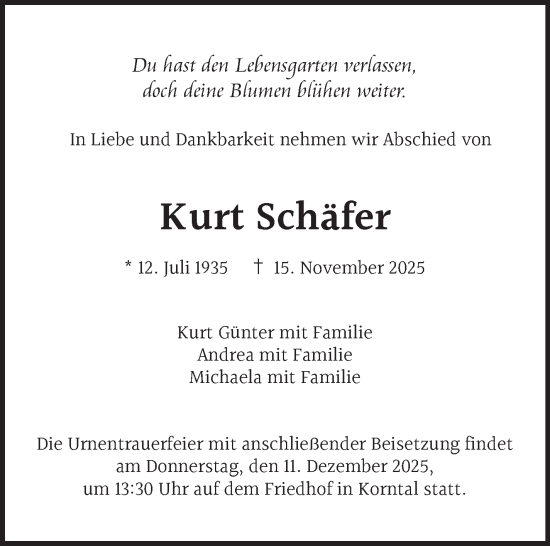 Traueranzeige von Kurt Schäfer von Stuttgarter Zeitung / Stuttgarter Nachrichten