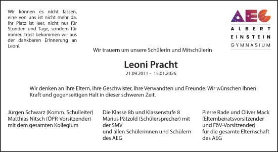 Traueranzeige von Leoni Pracht von Kreiszeitung Böblinger Bote