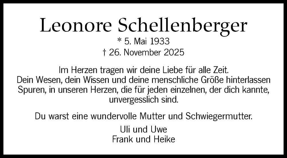  Traueranzeige für Leonore Schellenberger vom 04.12.2025 aus Stuttgarter Zeitung / Stuttgarter Nachrichten