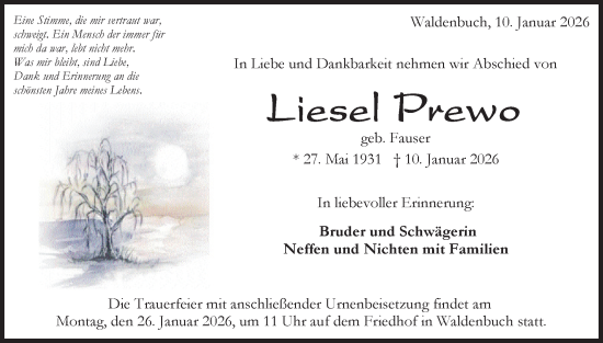 Traueranzeige von Liesel Prewo von Kreiszeitung Böblinger Bote