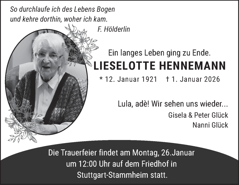  Traueranzeige für Lieselotte Hennemann vom 17.01.2026 aus Stuttgarter Zeitung / Stuttgarter Nachrichten
