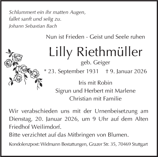 Traueranzeige von Lilly Riethmüller von Stuttgarter Zeitung / Stuttgarter Nachrichten