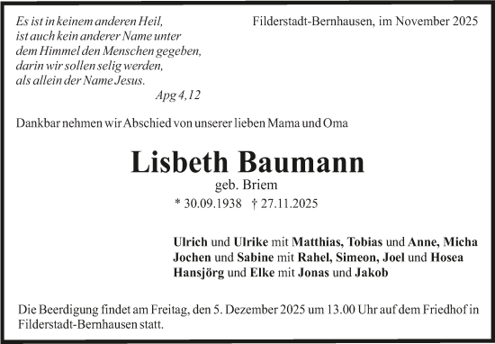 Traueranzeige von Lisbeth Baumann von Eßlinger Zeitung