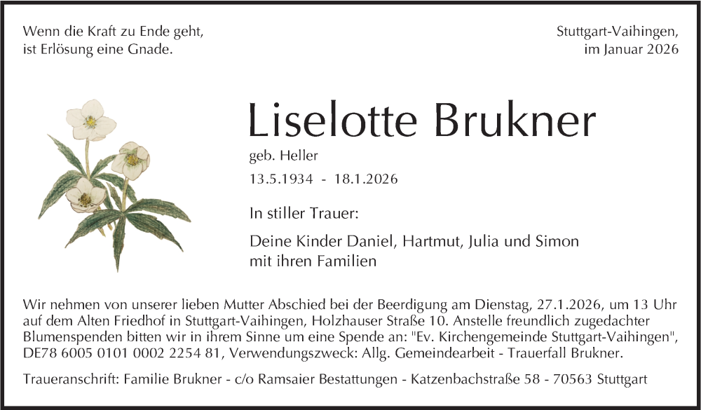  Traueranzeige für Liselotte Brukner vom 24.01.2026 aus Stuttgarter Zeitung / Stuttgarter Nachrichten