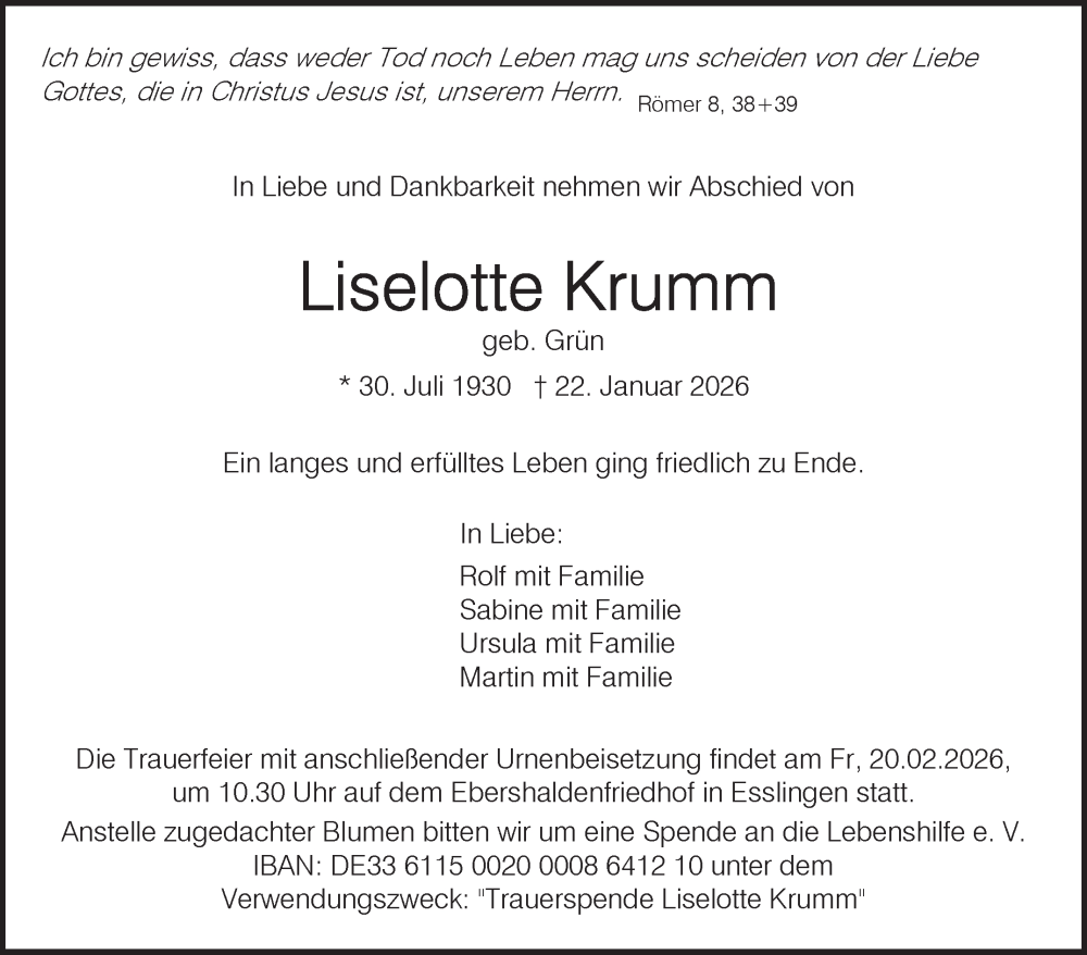  Traueranzeige für Liselotte Krumm vom 31.01.2026 aus Eßlinger Zeitung