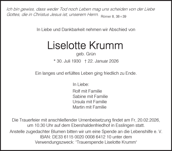 Traueranzeige von Liselotte Krumm von Eßlinger Zeitung