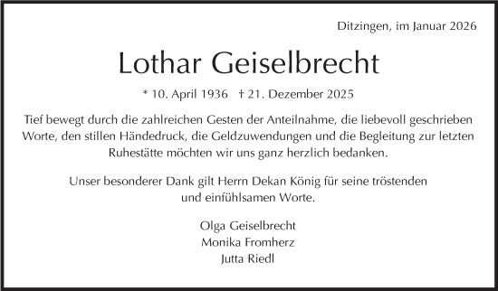 Traueranzeige von Lothar Geiselbrecht von Leonberger Kreiszeitung / Strohgäu Extra