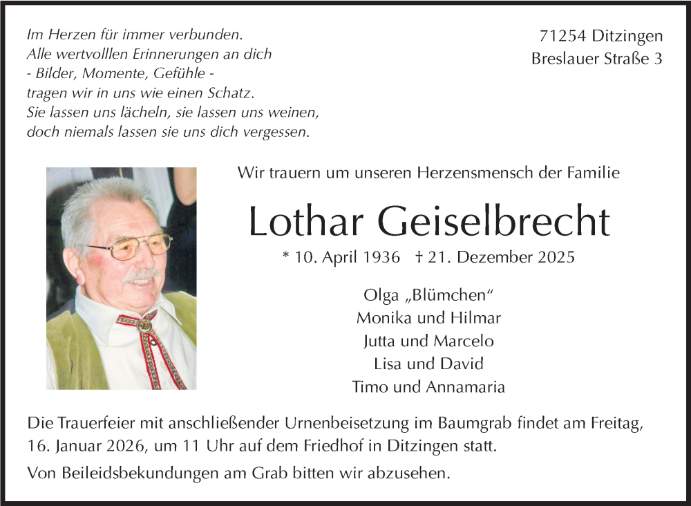  Traueranzeige für Lothar Geiselbrecht vom 10.01.2026 aus Leonberger Kreiszeitung / Strohgäu Extra