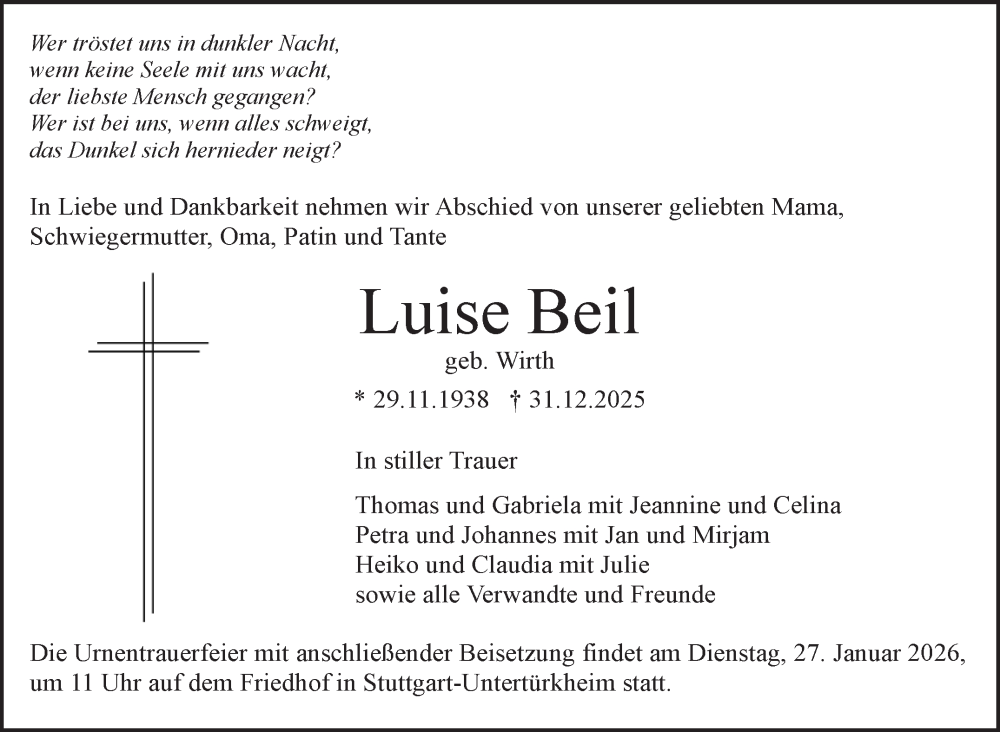  Traueranzeige für Luise Beil vom 17.01.2026 aus Stuttgarter Zeitung / Stuttgarter Nachrichten