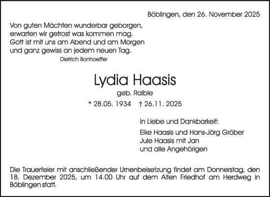 Traueranzeige von Lydia Haasis von Kreiszeitung Böblinger Bote