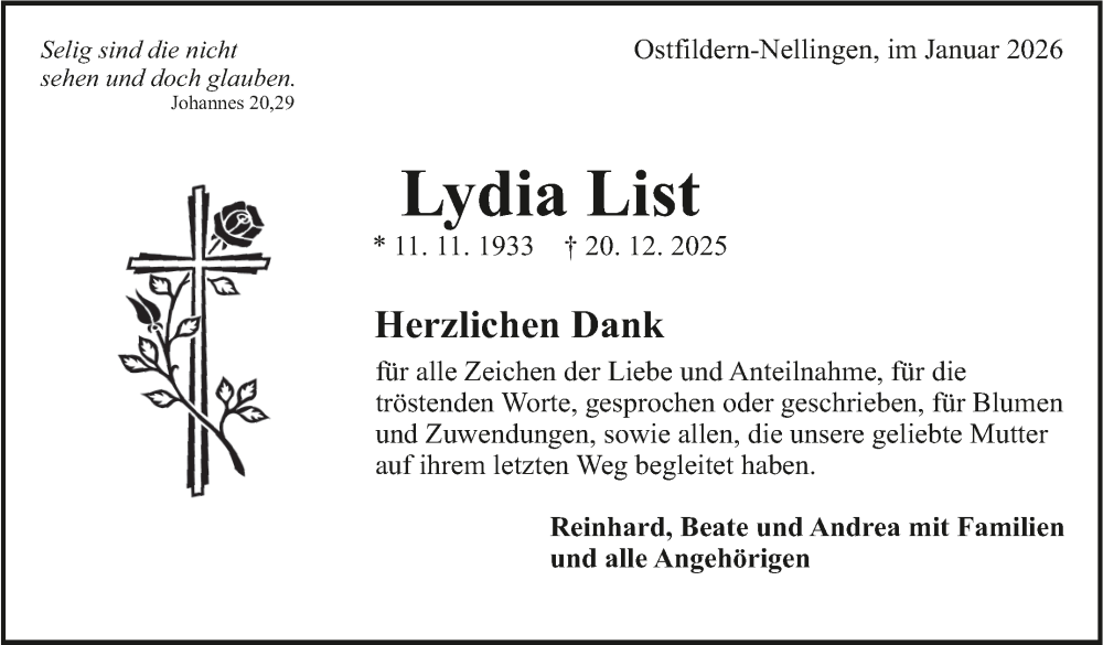  Traueranzeige für Lydia List vom 10.01.2026 aus Eßlinger Zeitung
