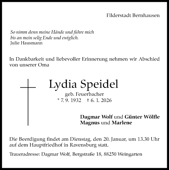 Traueranzeige von Lydia Speidel von Stuttgarter Zeitung / Stuttgarter Nachrichten