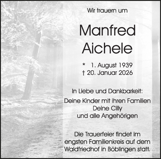 Traueranzeige von Manfred Aichele von Kreiszeitung Böblinger Bote