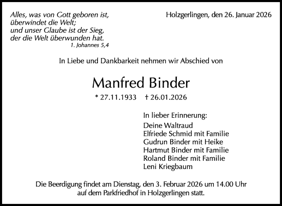 Traueranzeige von Manfred Binder von Kreiszeitung Böblinger Bote