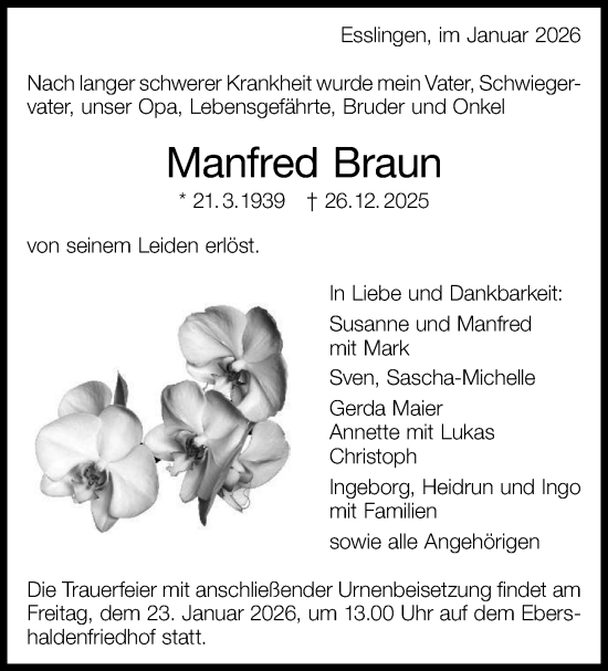Traueranzeige von Manfred Braun von Eßlinger Zeitung