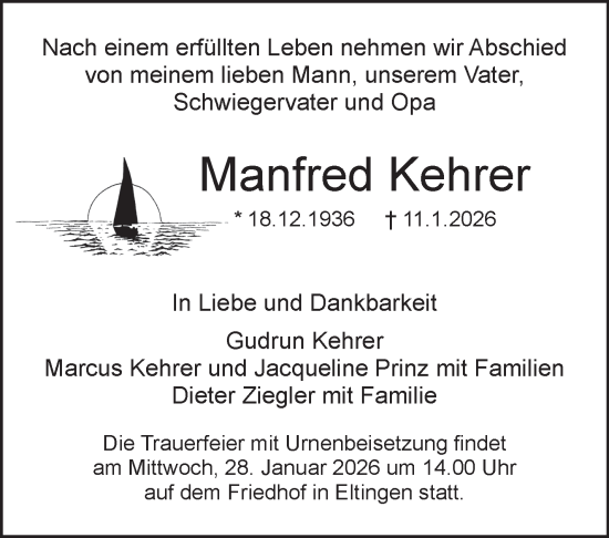 Traueranzeige von Manfred Kehrer von Leonberger Kreiszeitung / Strohgäu Extra