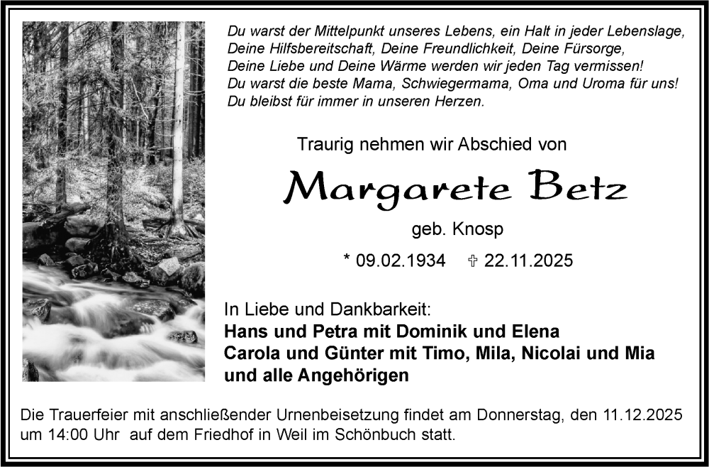  Traueranzeige für Margarete Betz vom 04.12.2025 aus Kreiszeitung Böblinger Bote