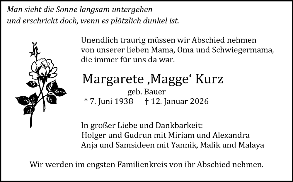  Traueranzeige für Margarete Kurz vom 31.01.2026 aus Stuttgarter Zeitung / Stuttgarter Nachrichten
