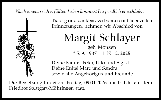 Traueranzeige von Margit Schlayer von Stuttgarter Zeitung / Stuttgarter Nachrichten