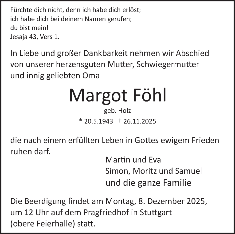  Traueranzeige für Margot Föhl vom 03.12.2025 aus Stuttgarter Zeitung / Stuttgarter Nachrichten