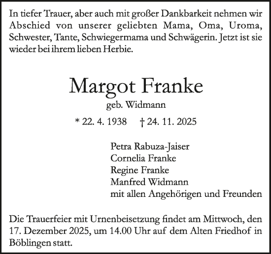 Traueranzeige von Margot Franke von Kreiszeitung Böblinger Bote