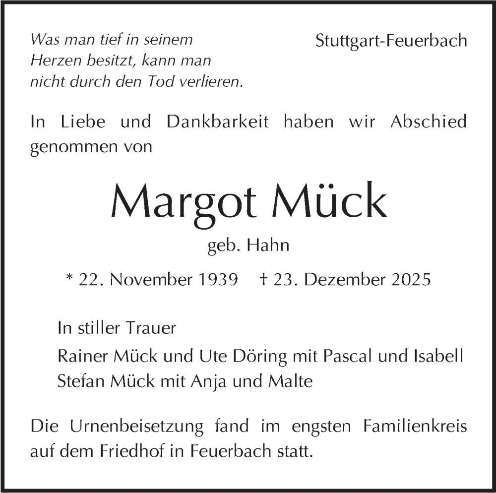  Traueranzeige für Margot Mück vom 24.01.2026 aus Stuttgarter Zeitung / Stuttgarter Nachrichten
