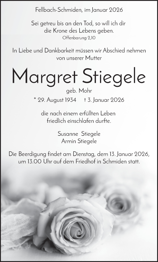 Traueranzeige von Margret Stiegele von Stuttgarter Zeitung / Stuttgarter Nachrichten