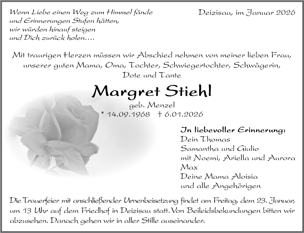  Traueranzeige für Margret Stiehl vom 16.01.2026 aus Eßlinger Zeitung