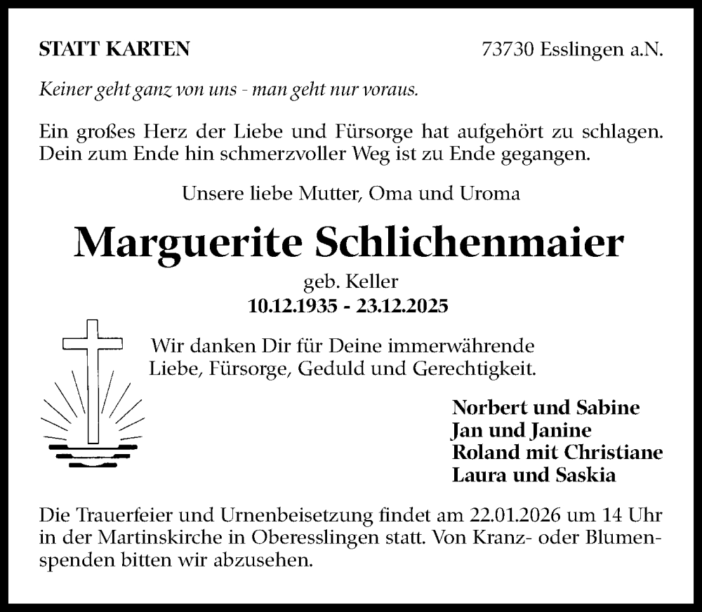  Traueranzeige für Marguerite Schlichenmaier vom 14.01.2026 aus Eßlinger Zeitung